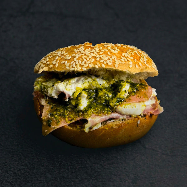 Fresh Baked New York Mortadella Burrata Pistatzie Bagel